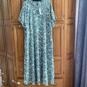 Green Floral Feminine Flowy Raglan Sleeve Ruffle Neck Summer Dress